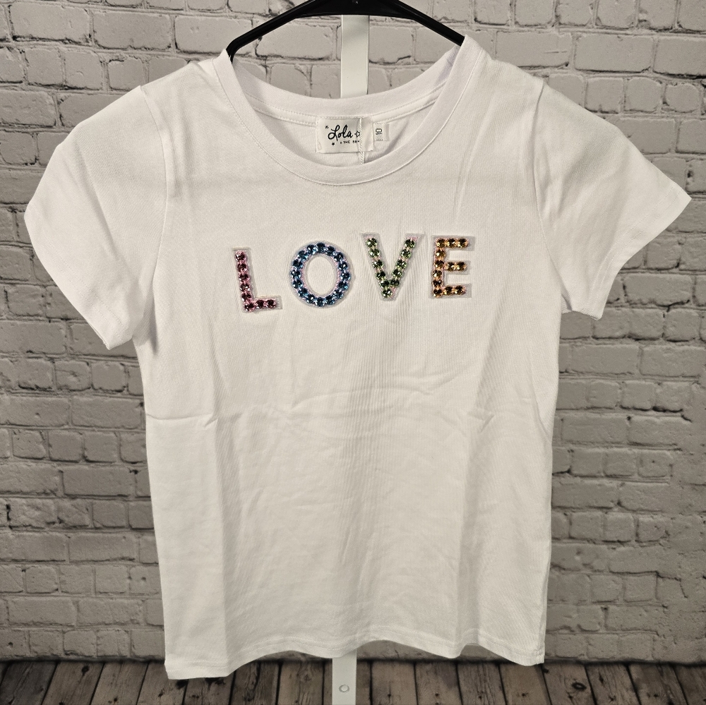 Lola + The Boys - Girls White T-Shirt with Colorful LOVE Embellishment